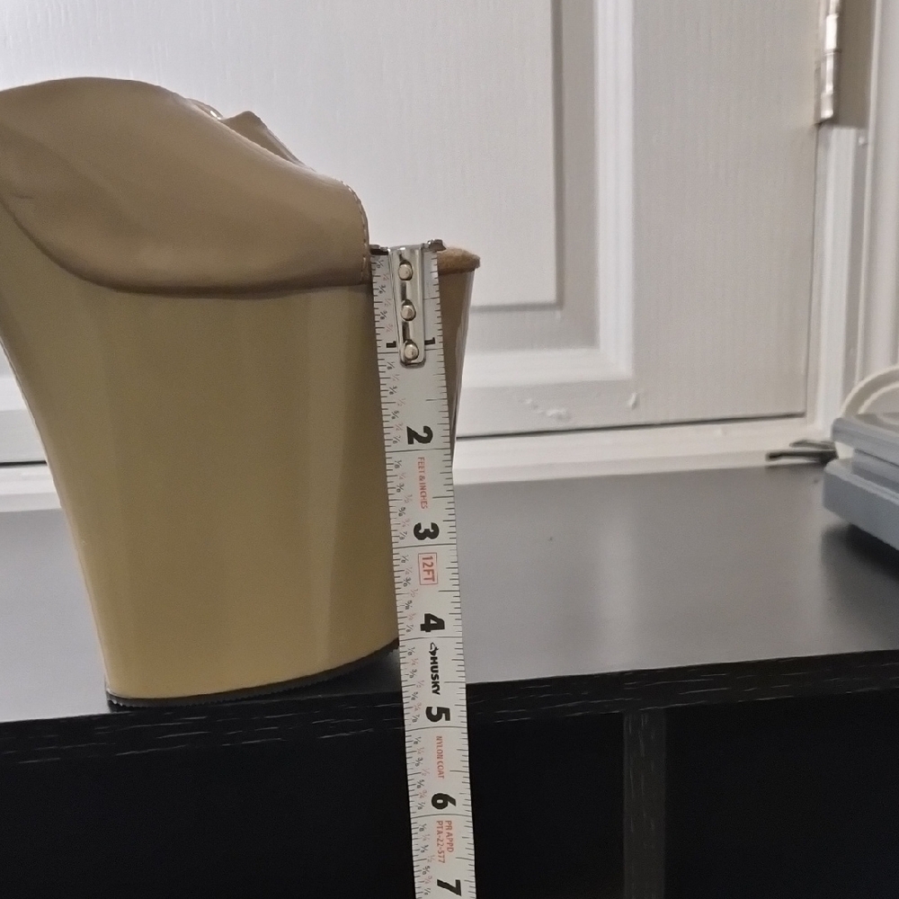 Pleaser Beige Patent Platform Sandals with Ankle Strap - Picture 4 of 11